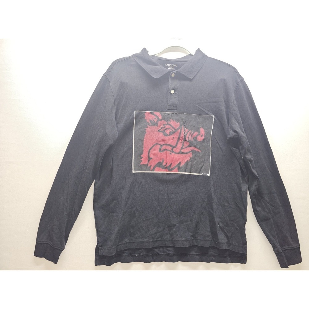 Lands' End Youth XL 18-20 Black Long Sleeve Polo Shirt Graphic Wild Boar Pig